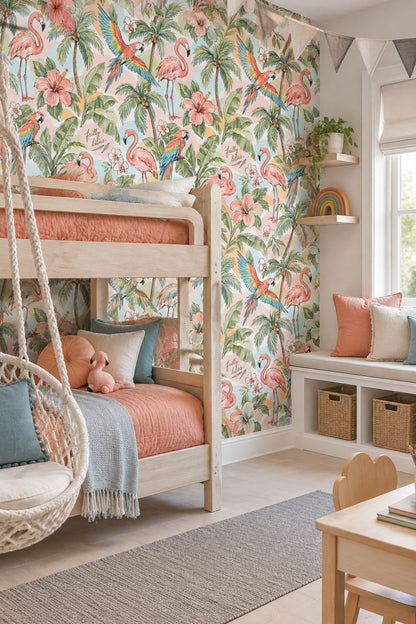 Tropikal Flamingo ve Papağan Duvar Kağıdı Yeşil Çocuk Odası