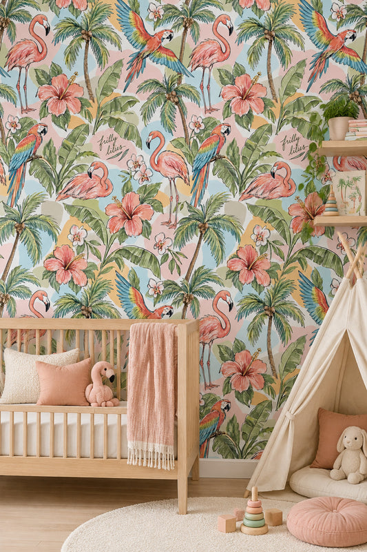 Tropikal Flamingo ve Papağan Duvar Kağıdı Yeşil Çocuk Odası