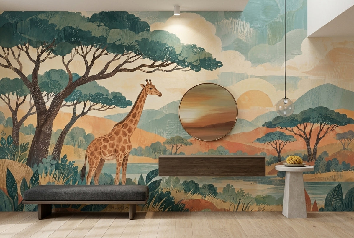 Zürafalı Safari Manzarası Poster Duvar Kağıdı Çocuk Odası