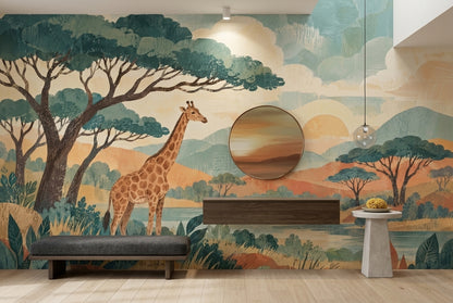 Zürafalı Safari Manzarası Poster Duvar Kağıdı Çocuk Odası