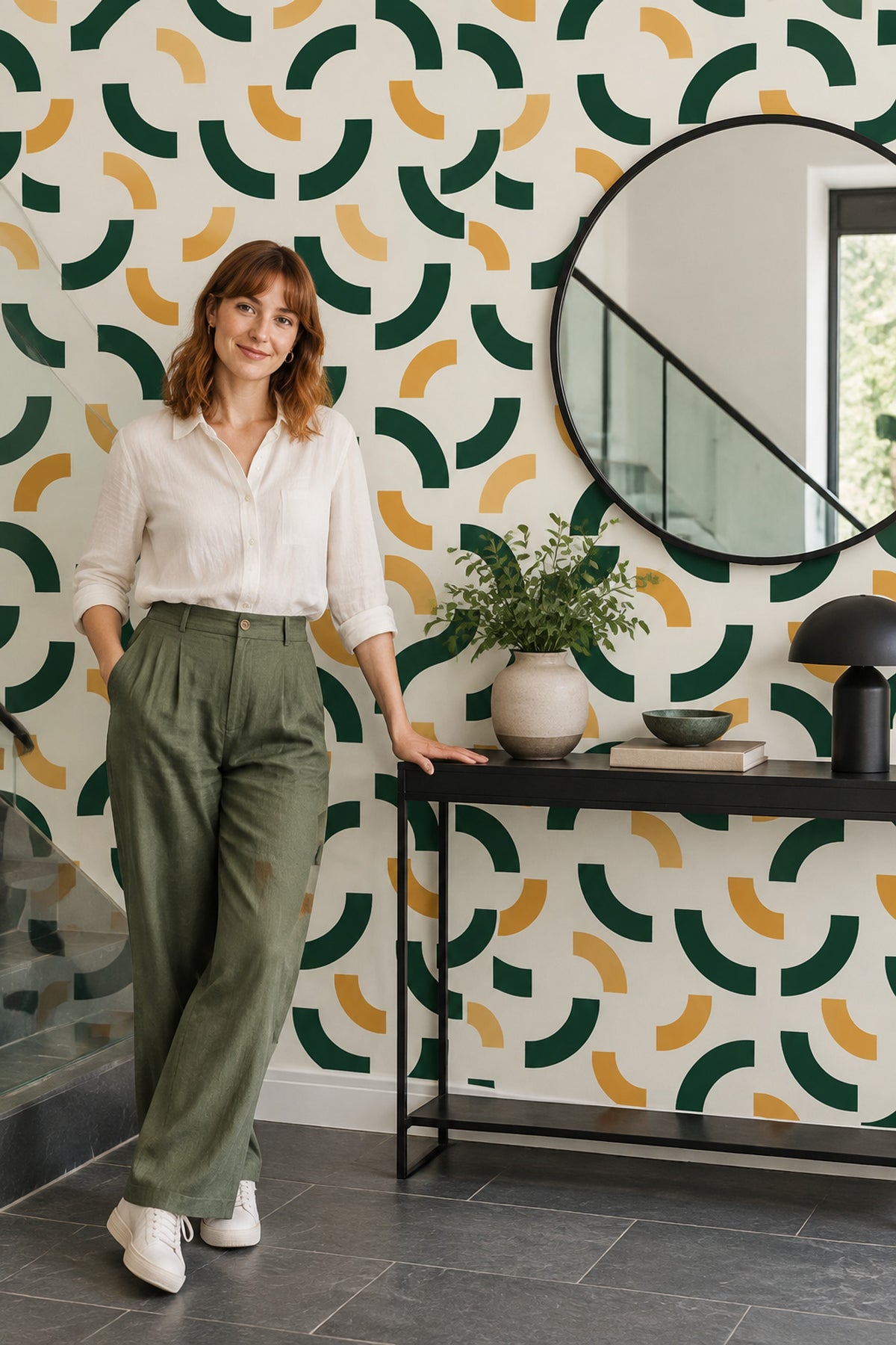 Geometrik Yay Desenli Duvar Kağıdı Yeşil Sarı Salon