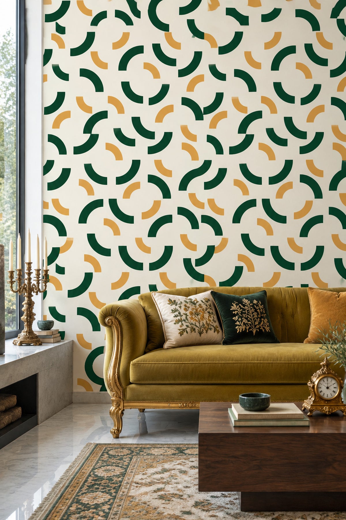 Geometrik Yay Desenli Duvar Kağıdı Yeşil Sarı Salon