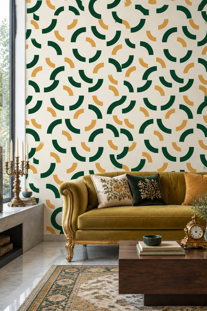 Geometrik Yay Desenli Duvar Kağıdı Yeşil Sarı Salon
