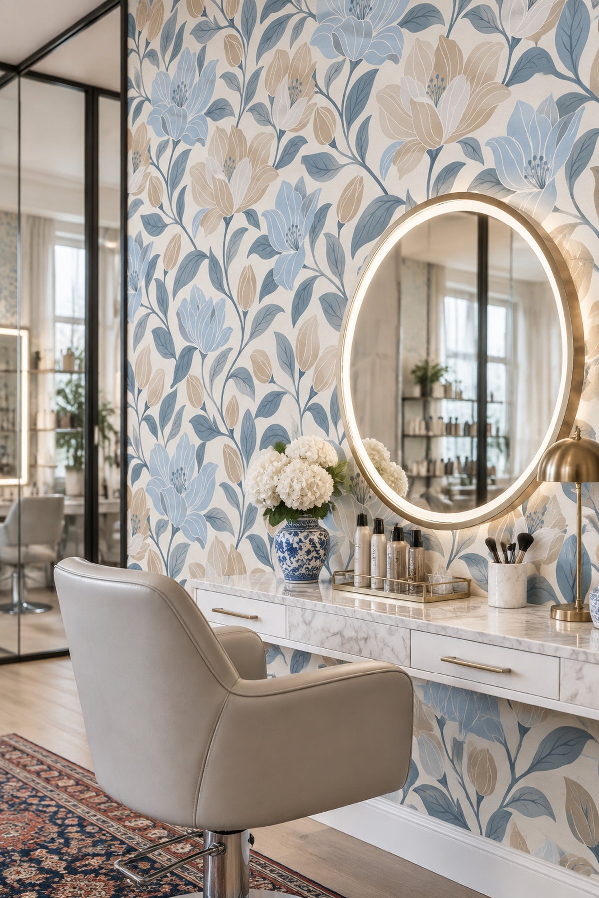 Mavi Bej Büyük Çiçekli Duvar Kağıdı Salon Desenli