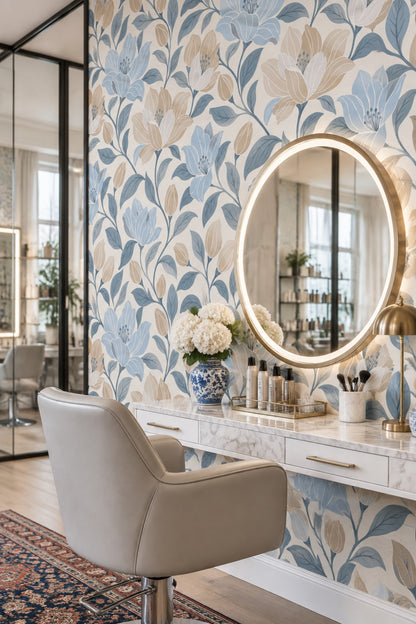 Mavi Bej Büyük Çiçekli Duvar Kağıdı Salon Desenli