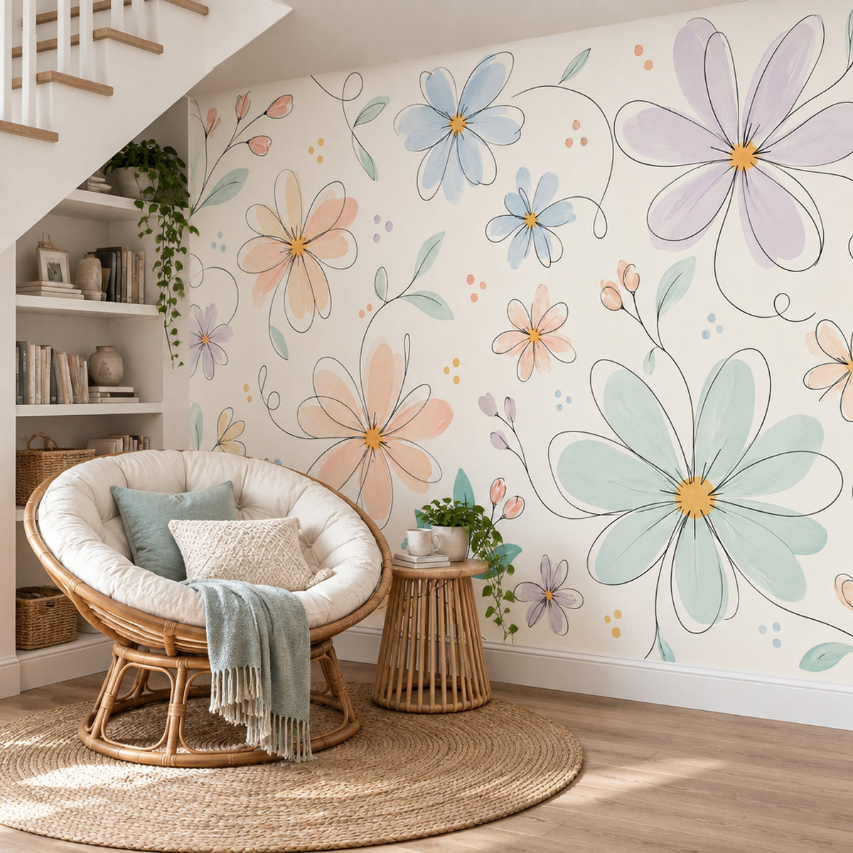 Pastel Çiçekli Poster Duvar Kağıdı Krem Fon Yatak Odası
