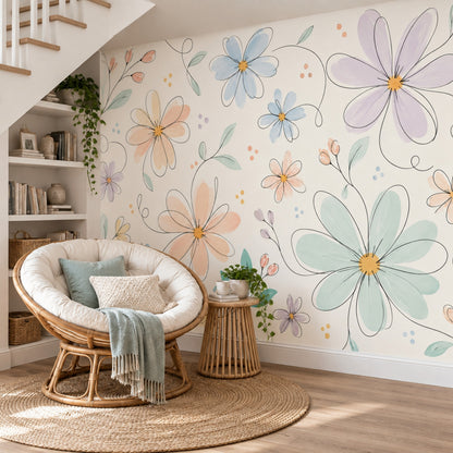 Pastel Çiçekli Poster Duvar Kağıdı Krem Fon Yatak Odası