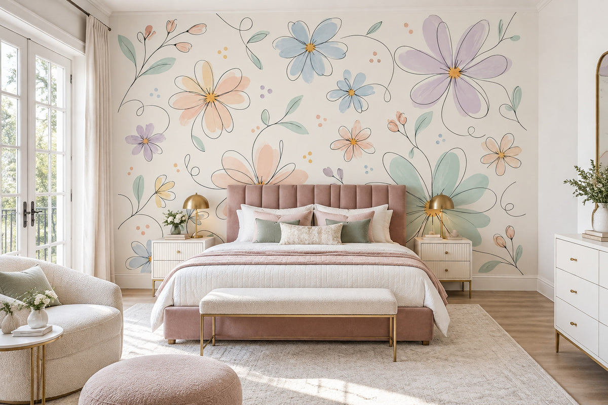 Pastel Çiçekli Poster Duvar Kağıdı Krem Fon Yatak Odası