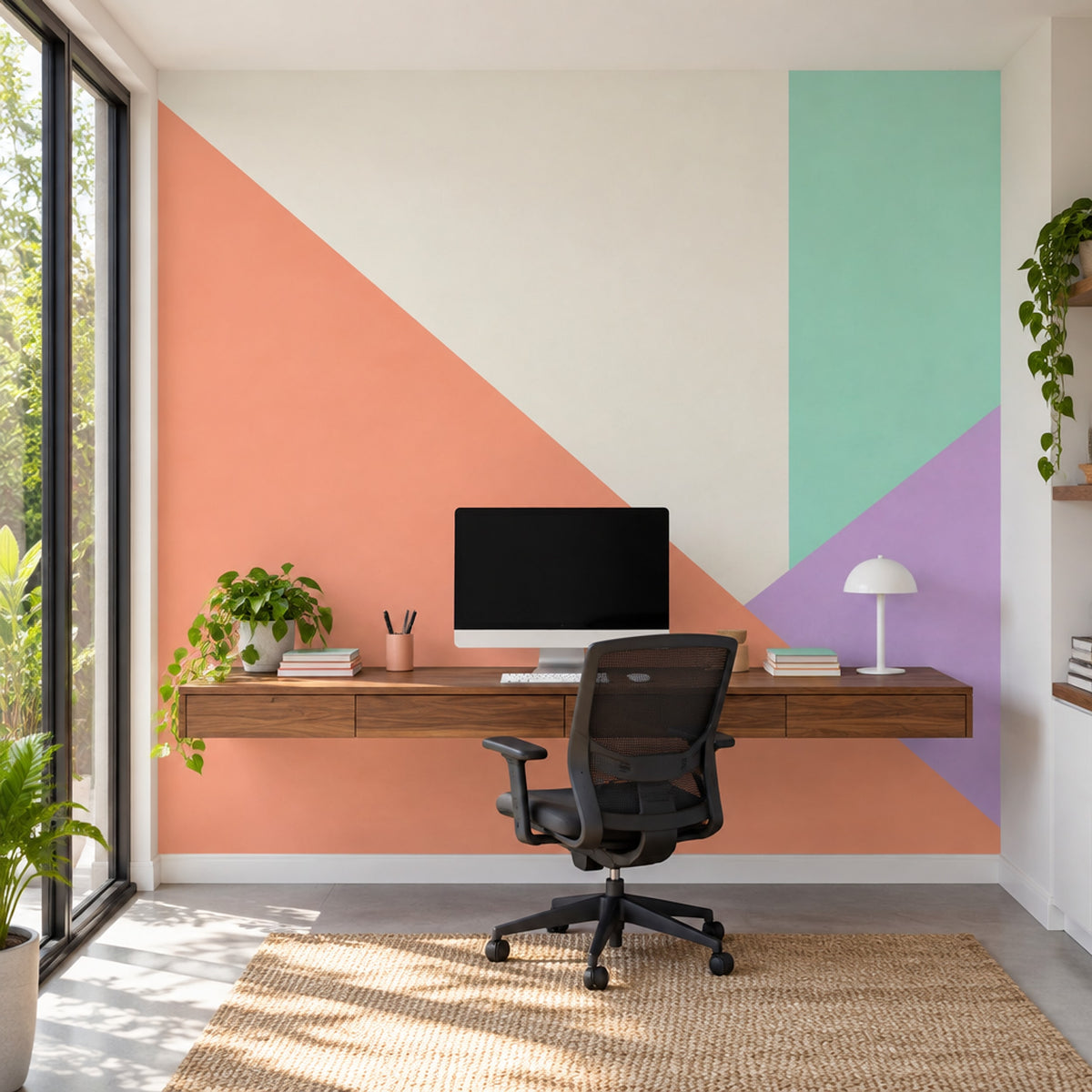 Pastel Geometrik Poster Duvar Kağıdı Mint ve Somon Çalışma Odası