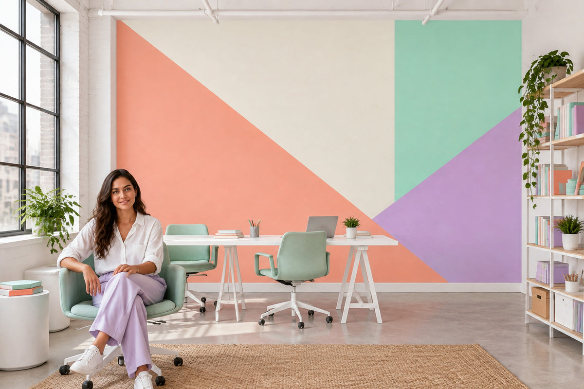 Pastel Geometrik Poster Duvar Kağıdı Mint ve Somon Çalışma Odası