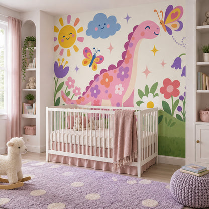 Pembe Dinozor Poster Duvar Kağıdı Çocuk Odası Çiçekli