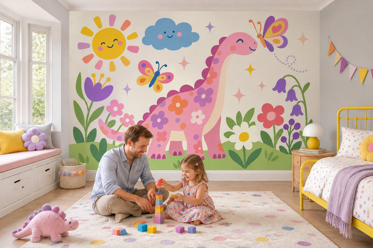 Pembe Dinozor Poster Duvar Kağıdı Çocuk Odası Çiçekli