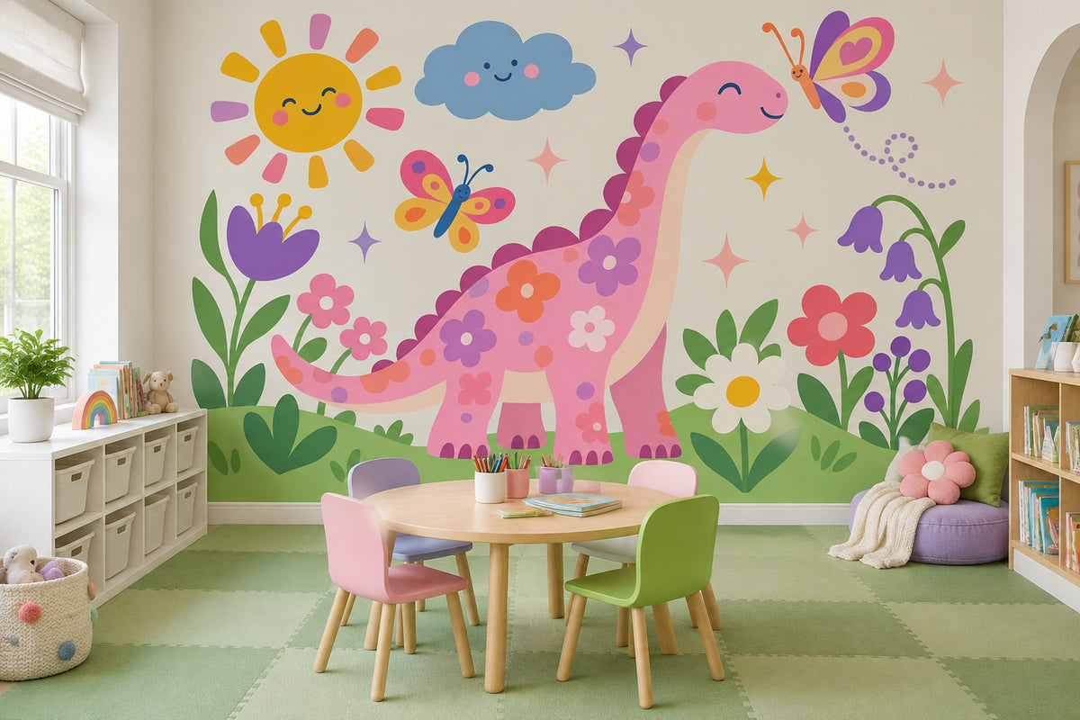 Pembe Dinozor Poster Duvar Kağıdı Çocuk Odası Çiçekli