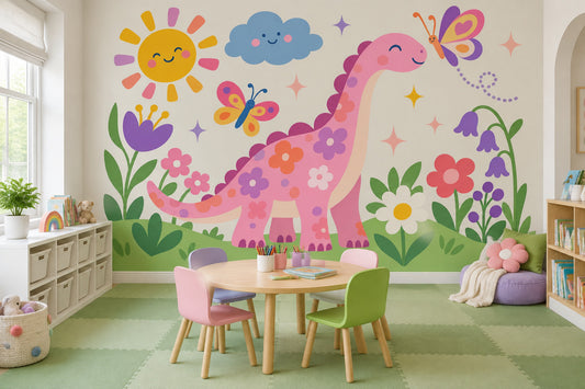 Pembe Dinozor Poster Duvar Kağıdı Çocuk Odası Çiçekli