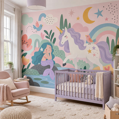 Unicorn ve Deniz Kızı Poster Duvar Kağıdı Pastel Çocuk Odası