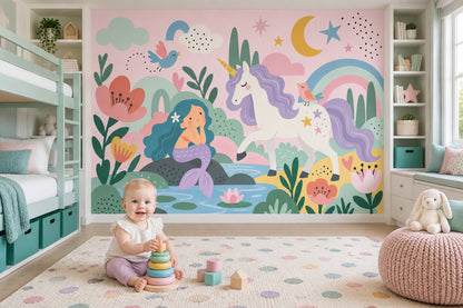 Unicorn ve Deniz Kızı Poster Duvar Kağıdı Pastel Çocuk Odası