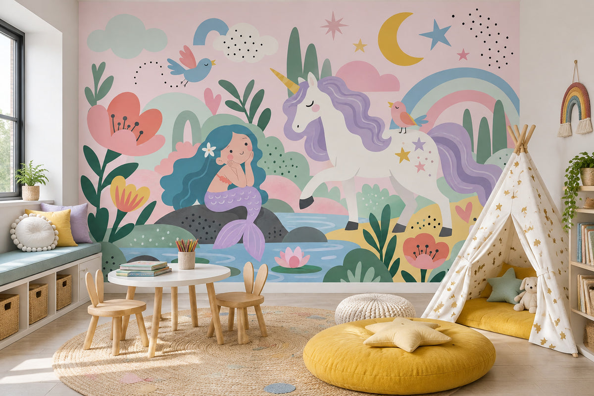 Unicorn ve Deniz Kızı Poster Duvar Kağıdı Pastel Çocuk Odası