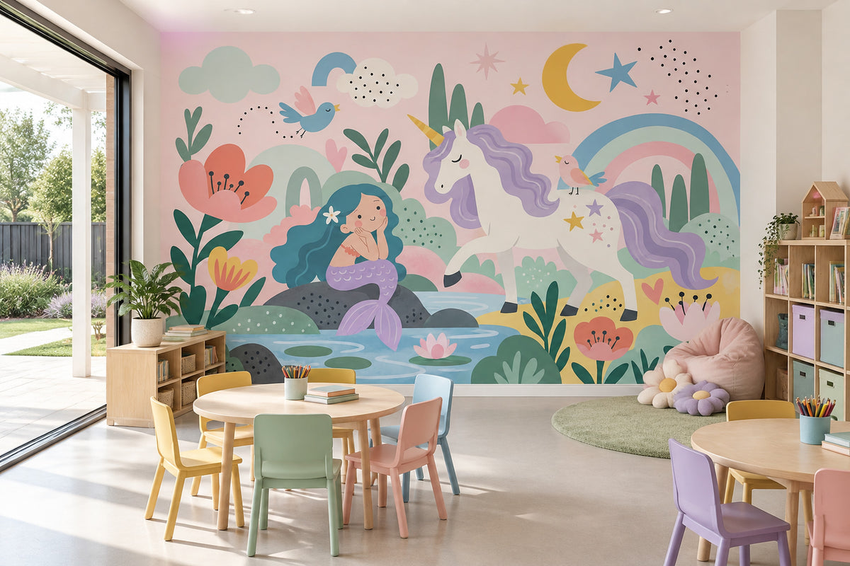 Unicorn ve Deniz Kızı Poster Duvar Kağıdı Pastel Çocuk Odası