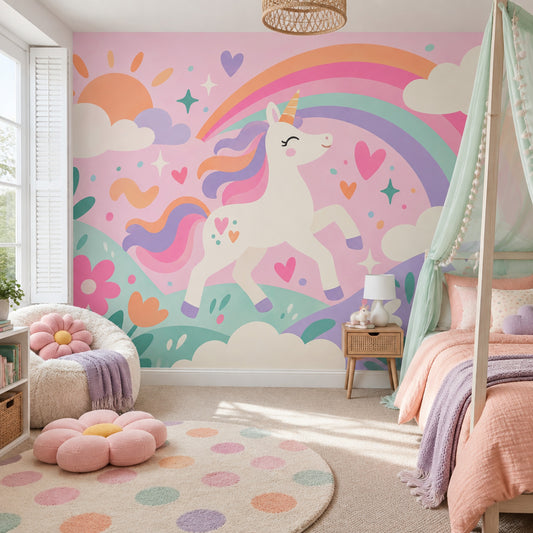 Gökkuşağı Unicorn Poster Duvar Kağıdı Pastel Çocuk Odası