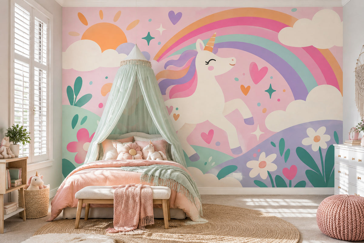 Gökkuşağı Unicorn Poster Duvar Kağıdı Pastel Çocuk Odası