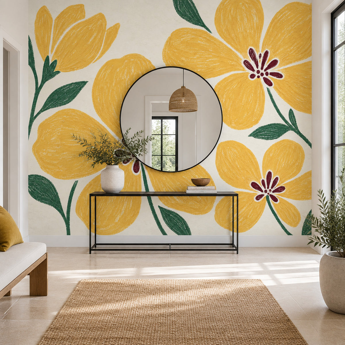 Sarı Büyük Çiçekli Poster Duvar Kağıdı Modern Salon Duvarı