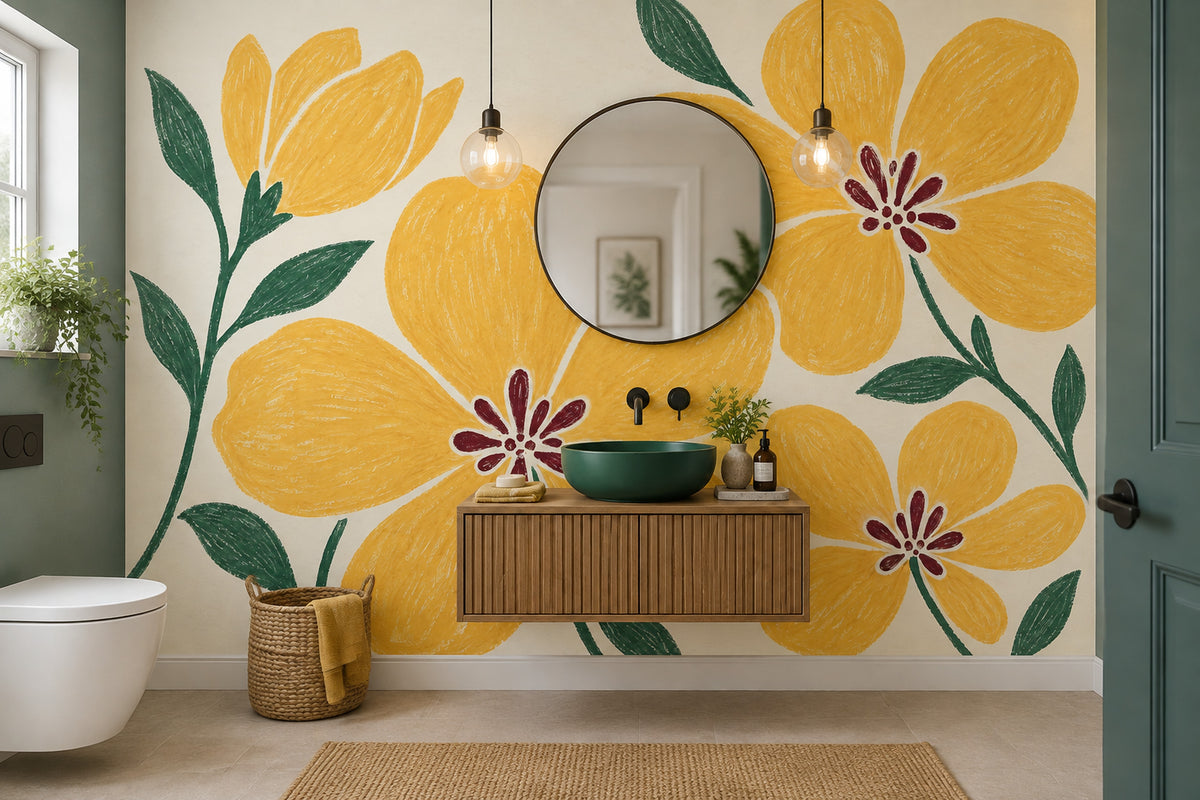 Sarı Büyük Çiçekli Poster Duvar Kağıdı Modern Salon Duvarı