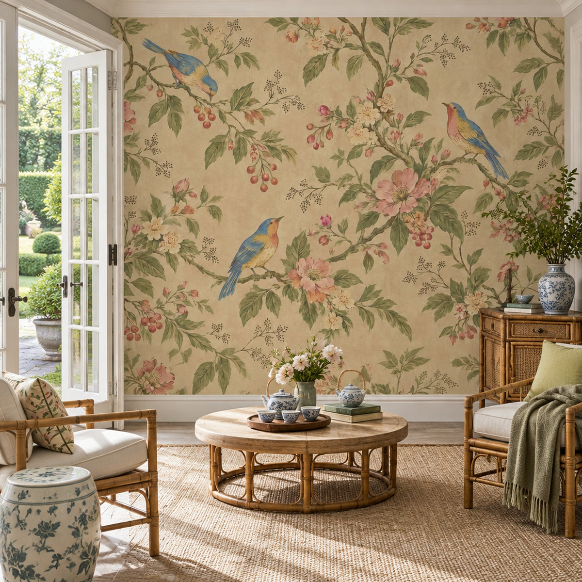 Kuşlu Çiçekli Poster Duvar Kağıdı Bej Vintage Salon
