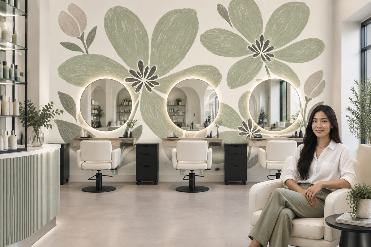 Büyük Çiçek Desenli Poster Duvar Kağıdı Yeşil Bej Salon