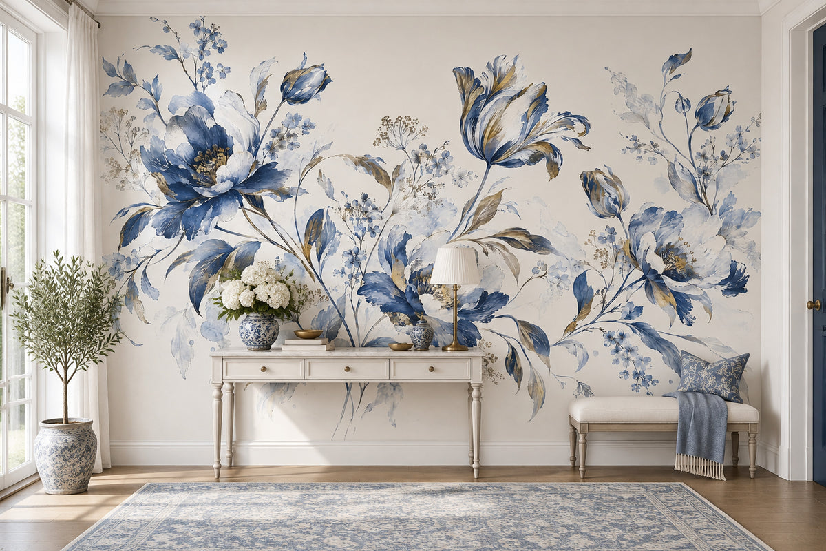 Mavi Suluboya Çiçekli Poster Duvar Kağıdı Krem Salon
