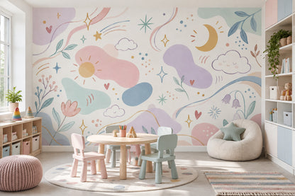 Pastel Bulut Ay Yıldızlı Poster Duvar Kağıdı Çocuk Odası