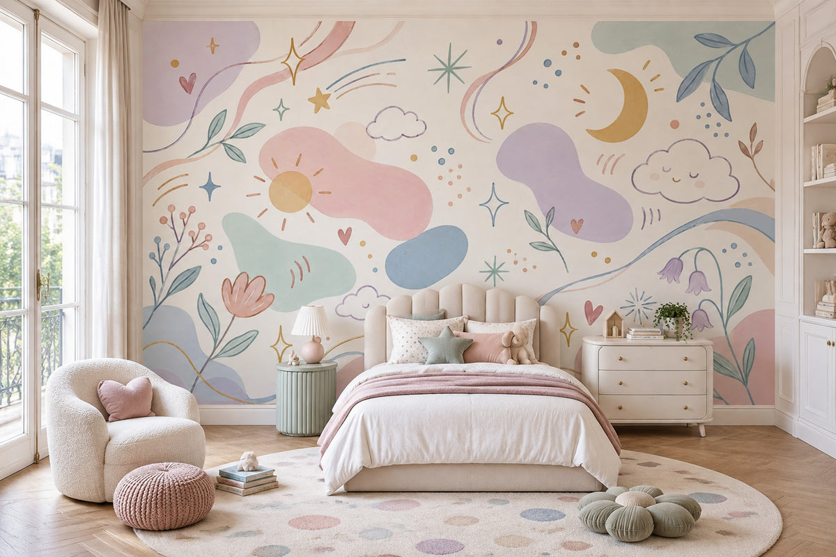 Pastel Bulut Ay Yıldızlı Poster Duvar Kağıdı Çocuk Odası