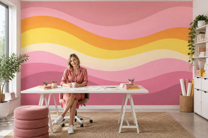 Dalgalı Renk Geçişli Poster Duvar Kağıdı Pembe Sarı Modern