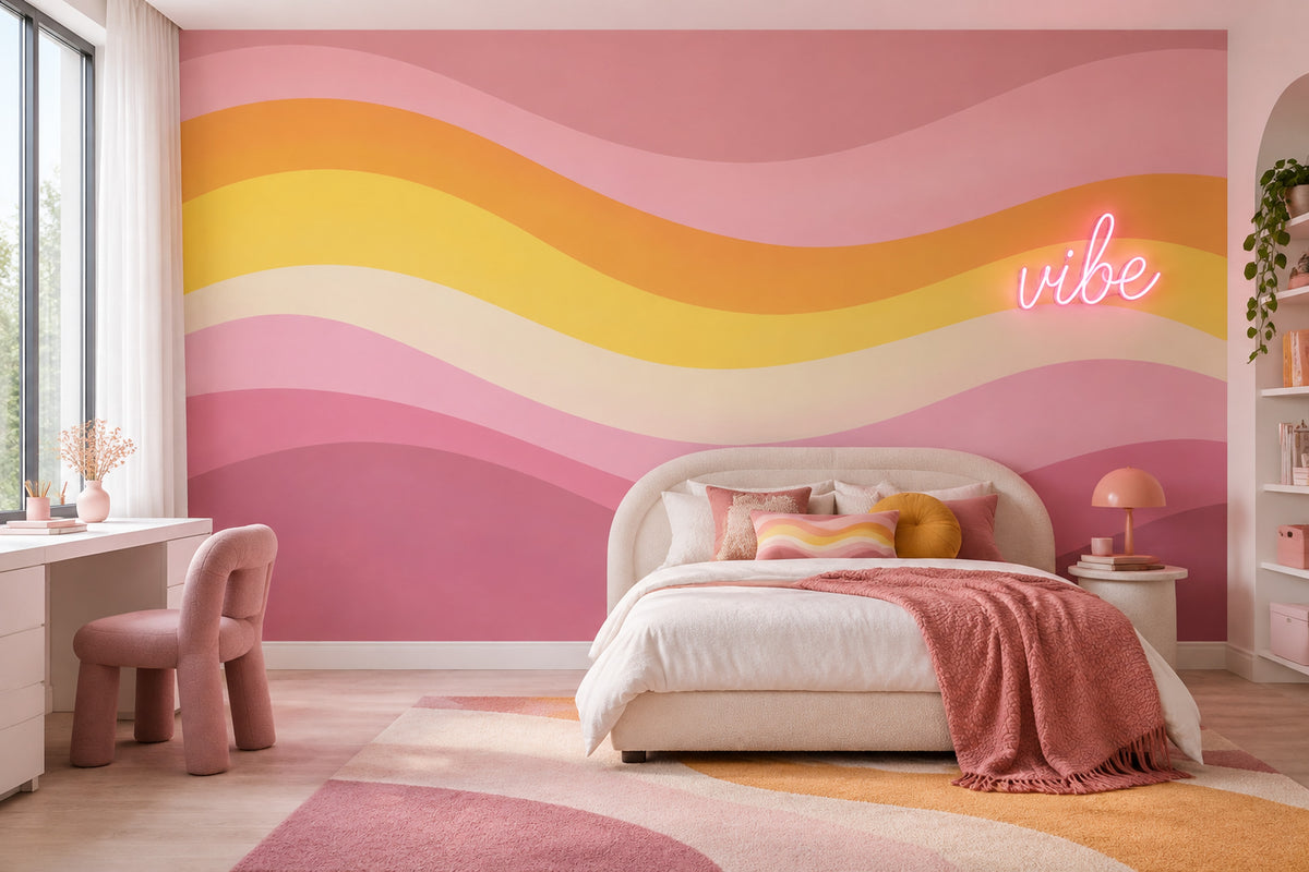 Dalgalı Renk Geçişli Poster Duvar Kağıdı Pembe Sarı Modern