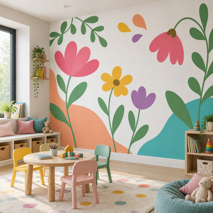 Renkli Çiçekli Poster Duvar Kağıdı Çocuk Odası Pastel Desenli