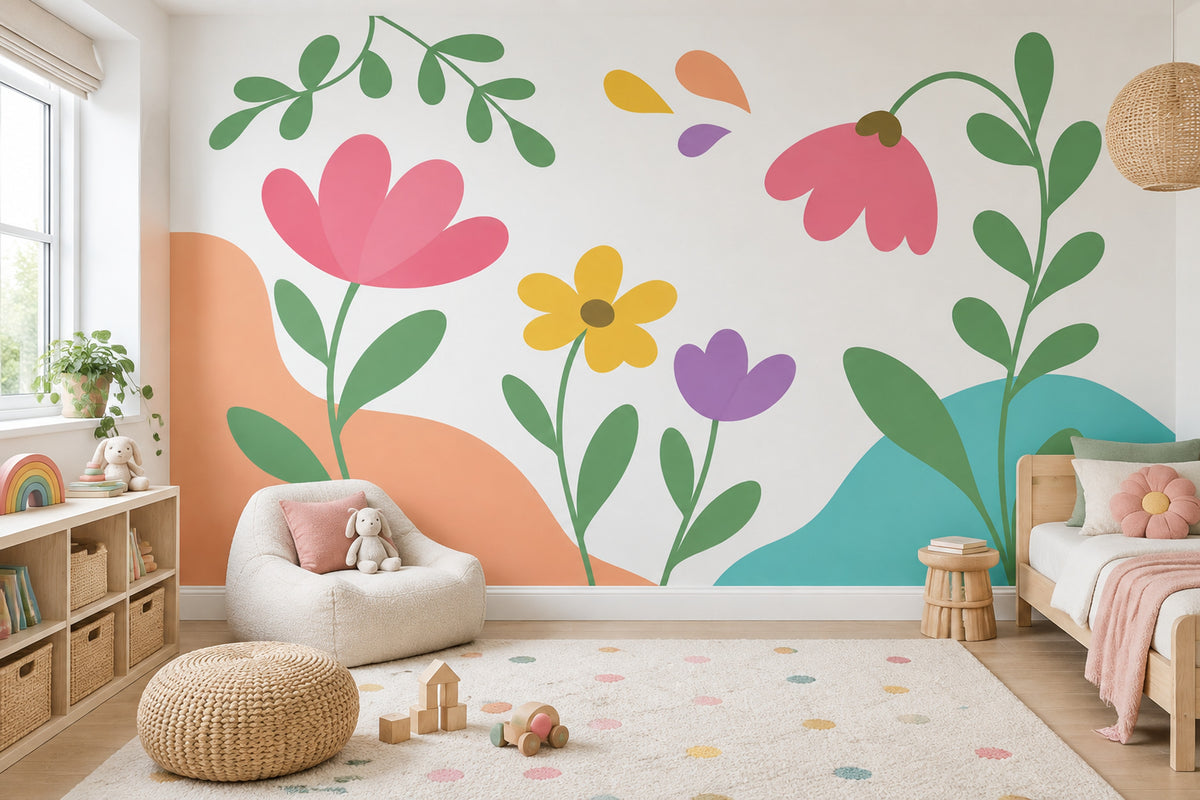 Renkli Çiçekli Poster Duvar Kağıdı Çocuk Odası Pastel Desenli