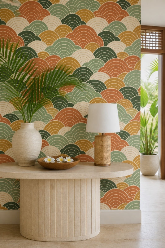 Japon Dalgası Desenli Duvar Kağıdı Yeşil Turuncu Retro