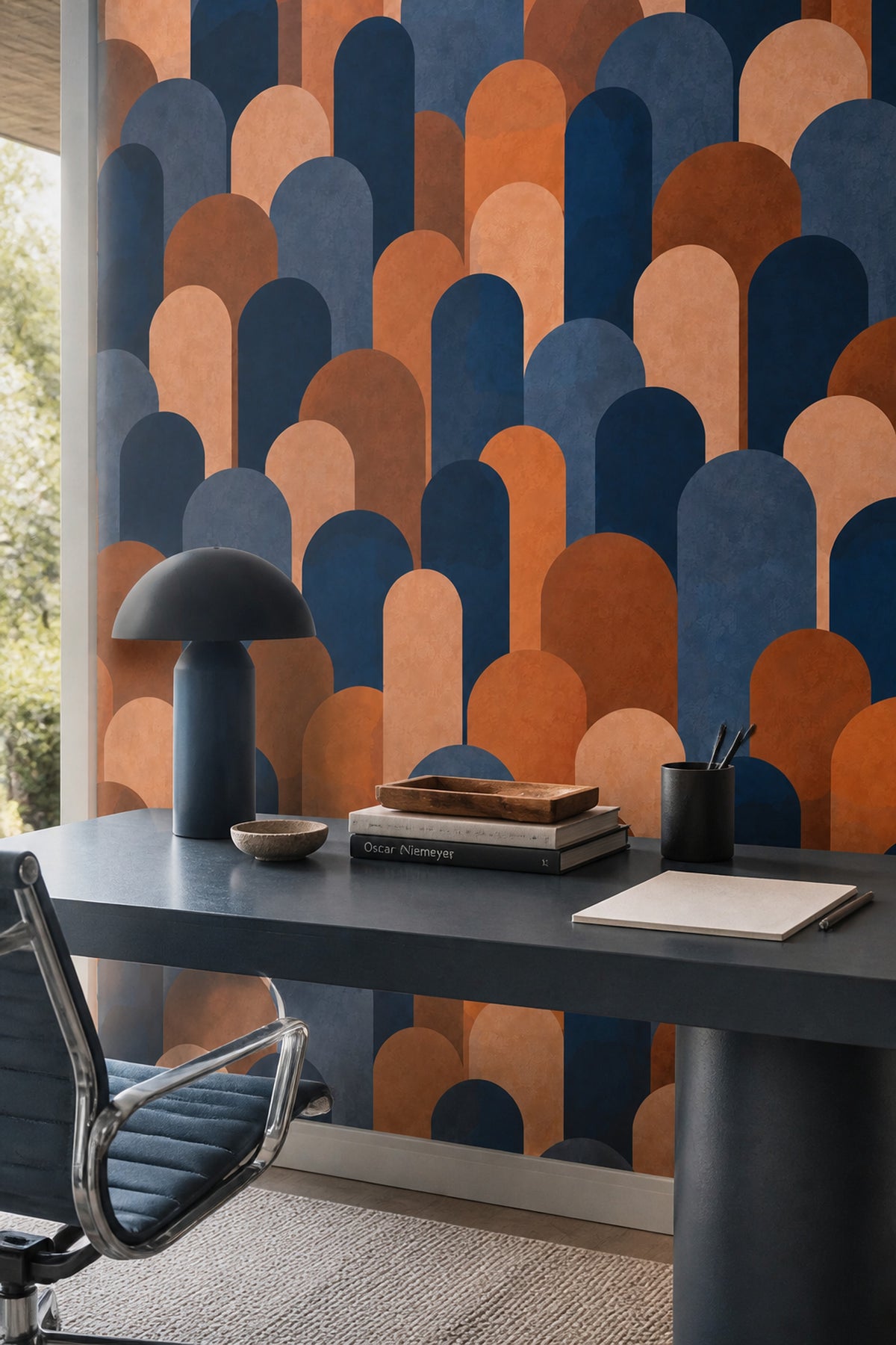 Geometrik Kemer Desenli Duvar Kağıdı Lacivert Turuncu Banyo