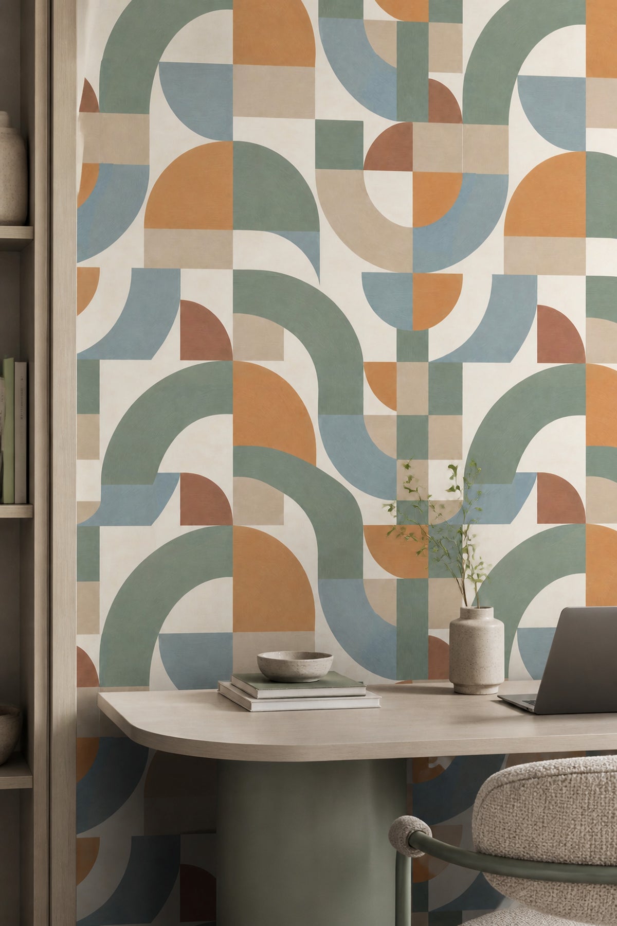 Geometrik Kemer Desenli Duvar Kağıdı Yeşil Bej Salon
