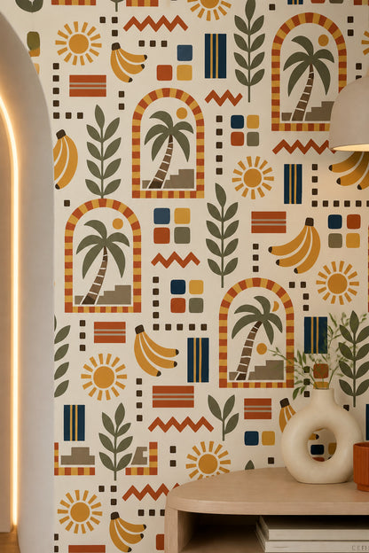 Muz ve Palmiye Desenli Duvar Kağıdı Retro Renkli Salon