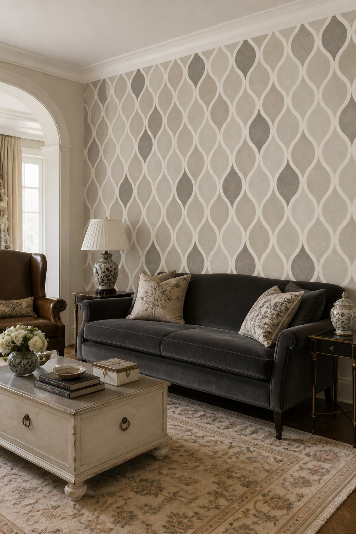 Dalgalı Geometrik Duvar Kağıdı Bej Gri Modern Salon