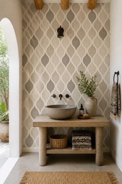 Dalgalı Geometrik Duvar Kağıdı Bej Gri Modern Salon