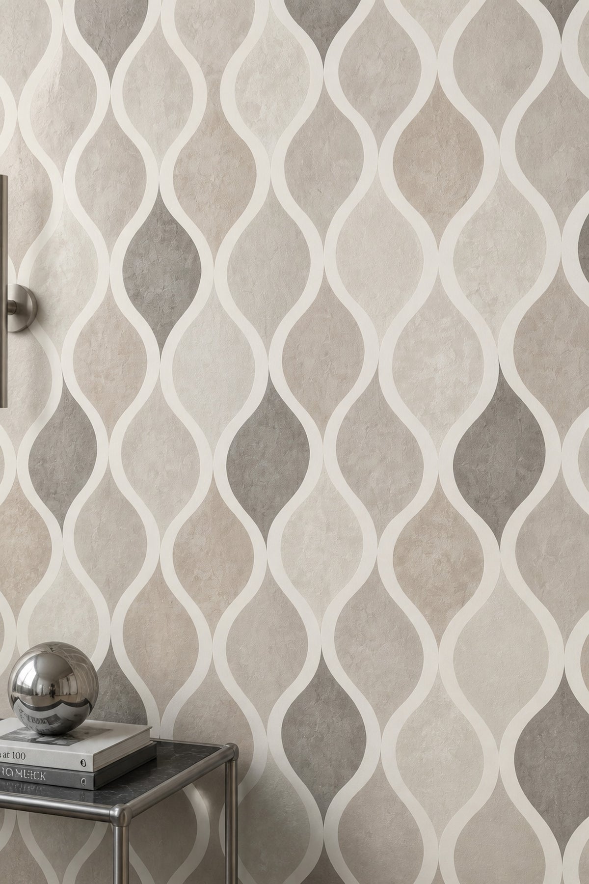 Dalgalı Geometrik Duvar Kağıdı Bej Gri Modern Salon