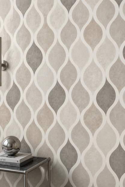 Dalgalı Geometrik Duvar Kağıdı Bej Gri Modern Salon