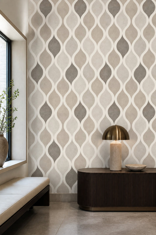Dalgalı Geometrik Duvar Kağıdı Bej Gri Modern Salon