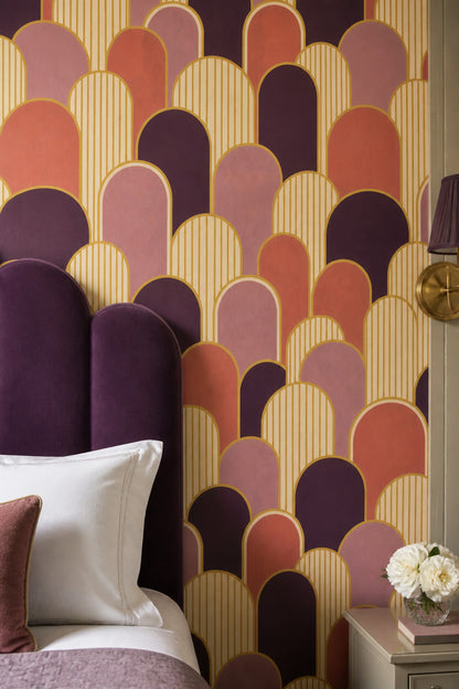 Art Deco Kemer Desenli Duvar Kağıdı Mor Turuncu Salon