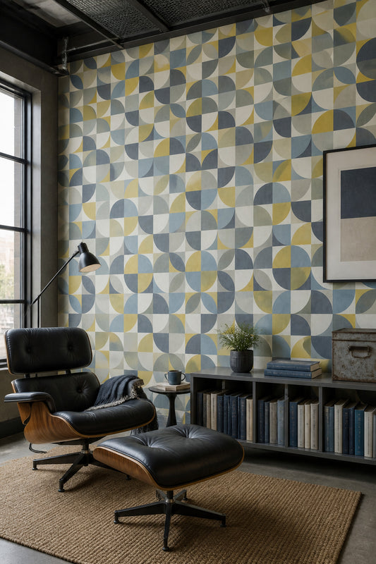 Geometrik Yarım Daire Desenli Duvar Kağıdı Mavi Sarı Salon
