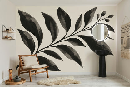 Siyah Yaprak Desenli Poster Duvar Kağıdı Minimalist Salon Dekoru