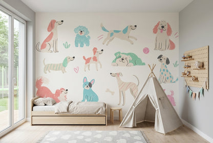 Sevimli Köpek İllüstrasyonlu Poster Duvar Kağıdı Çocuk Odası Pastel