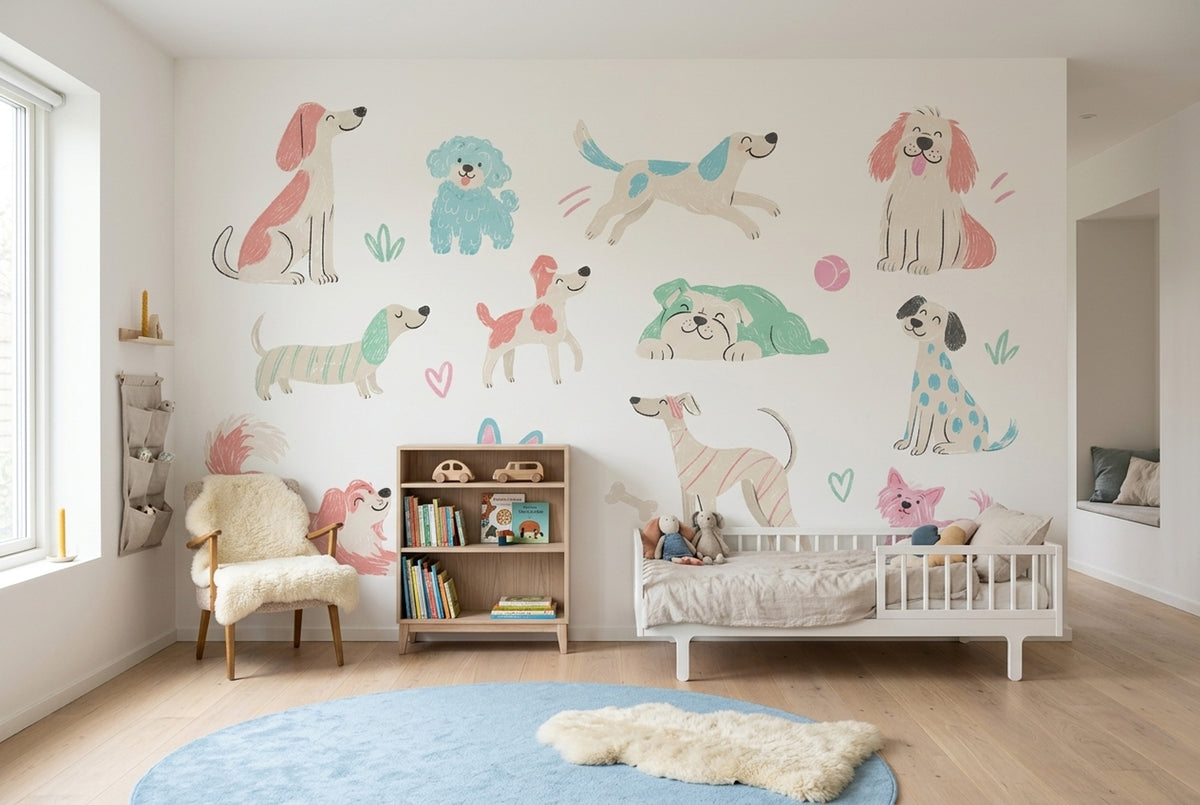 Sevimli Köpek İllüstrasyonlu Poster Duvar Kağıdı Çocuk Odası Pastel