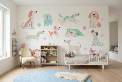 Sevimli Köpek İllüstrasyonlu Poster Duvar Kağıdı Çocuk Odası Pastel